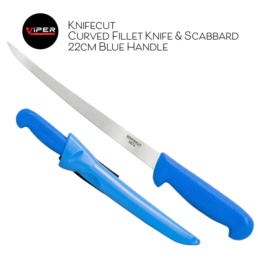 Knifekut - Curved Fillet Knife & Scabbard - 22cm | Blue Handle