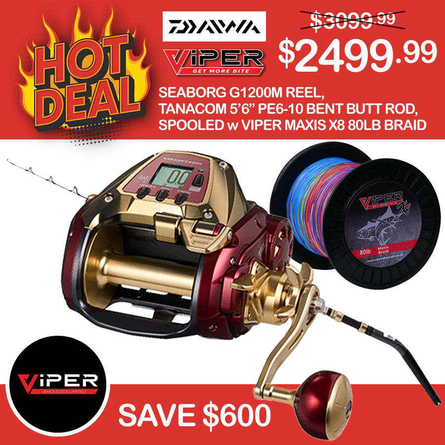 Daiwa - Seaborg G1200M + Tanacom 56BT 5ft 6in PE6-10 1pc Bent Butt Rod, Spooled with Viper Maxis X8 80lb Braid