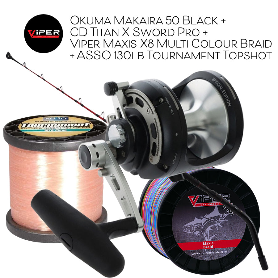 Okuma Makaira 50 Black + CD Titan X Sword Pro + Viper Maxis X8 Multi Colour Braid + ASSO 130lb Tournament Topshot