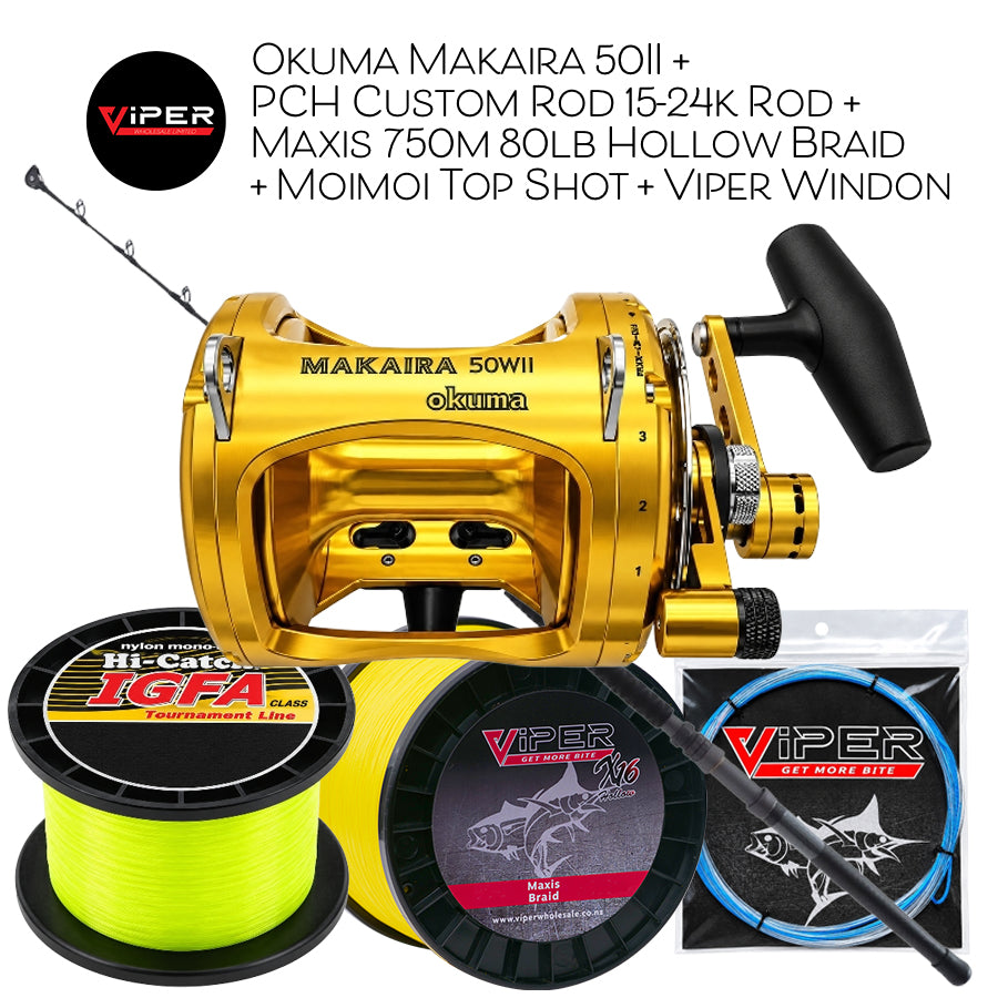 Okuma Makaira 50II + PCH Custom Rod 15-24k Rod + Maxis 750m 80lb Hollow Braid + Moimoi Top Shot + Viper 400lb Windon