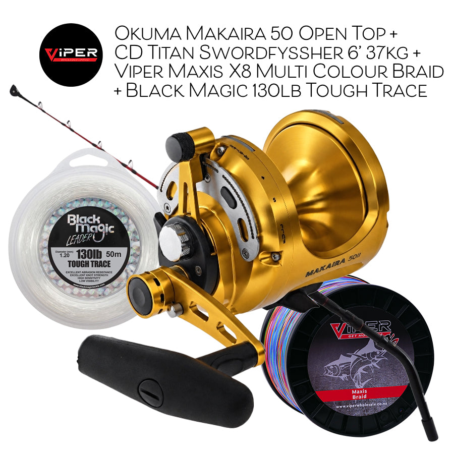 Okuma Makaira 50 Open Top + CD Titan Swordfyssher 6’ 37kg + Viper Maxis X8 Multi Colour Braid + Black Magic 130lb Tough Trace