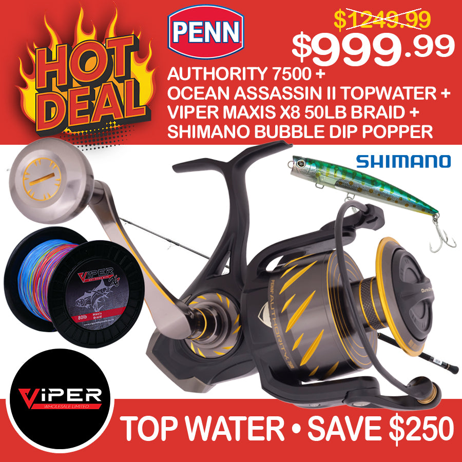 Penn - Authority 7500 + Ocean Assassin II Topwater + Viper Maxis X8 50lb Braid + Shimano Bubble Dip Popper