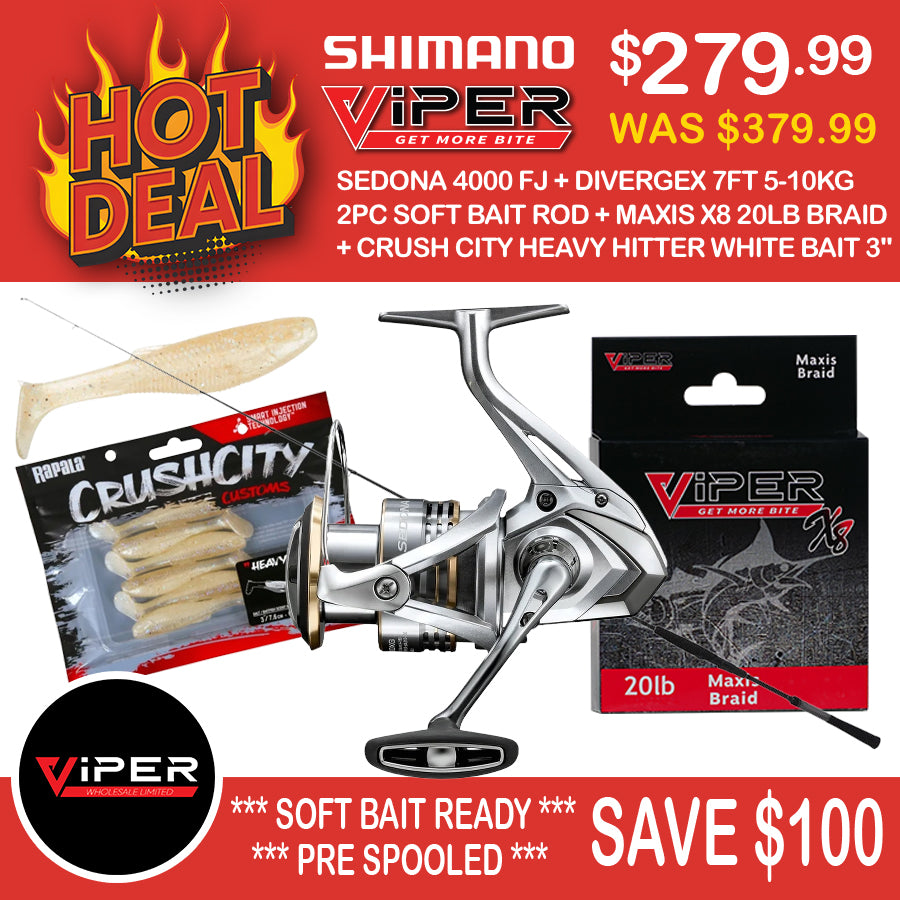 Shimano - Sedona 4000FJ + Divergex 7ft 5-10kg 2pc Soft Bait Spin Rod + Maxis X8 Braid + Crush City Softbaits