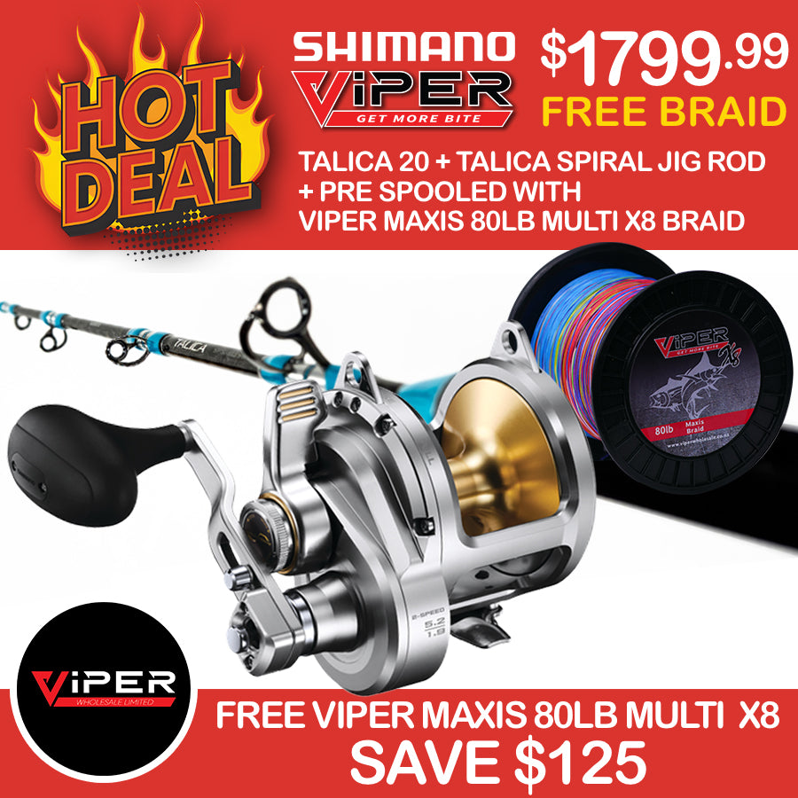 Shimano - Talica 20 + Talica Spiral Jig Rod + Viper Maxis 80lb X8 Braid