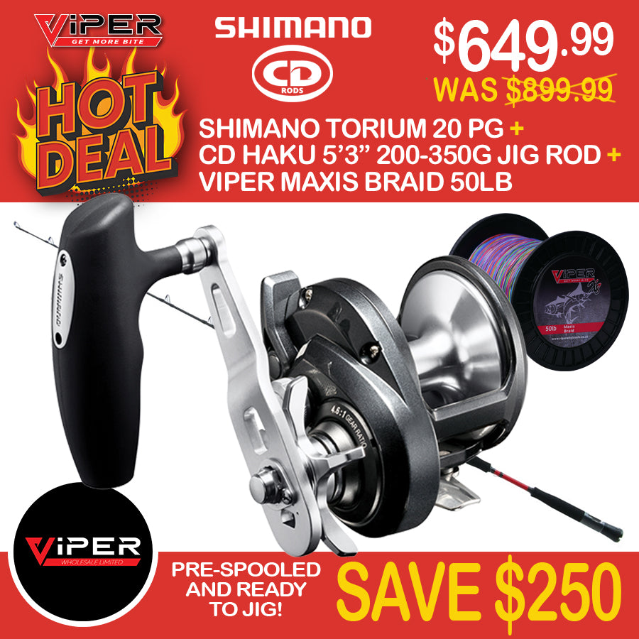 Shimano Torium 20PG + Composite Developments Haku 5'3" 200-350g Jig Rod + Viper Maxis 50lb Braid