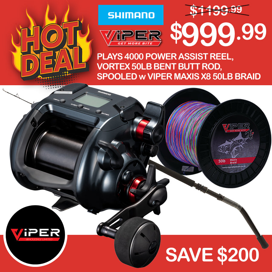 Shimano - Plays 4000 + Vortex 50lb Bent Butt Rod, Spooled with Viper M Viper Wholesale Ltd Shimano - Plays 4000 + Vortex 50lb Bent Butt Rod, Spooled with Viper M Viper Wholesale Ltd