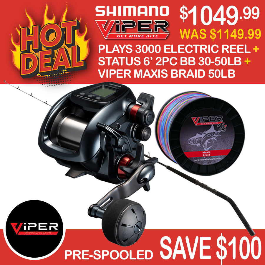Shimano - Plays 3000 Electric Reel + Status 6’ 2pc BB 30-50lb + Viper Maxis Braid 50lb (pre-spooled))