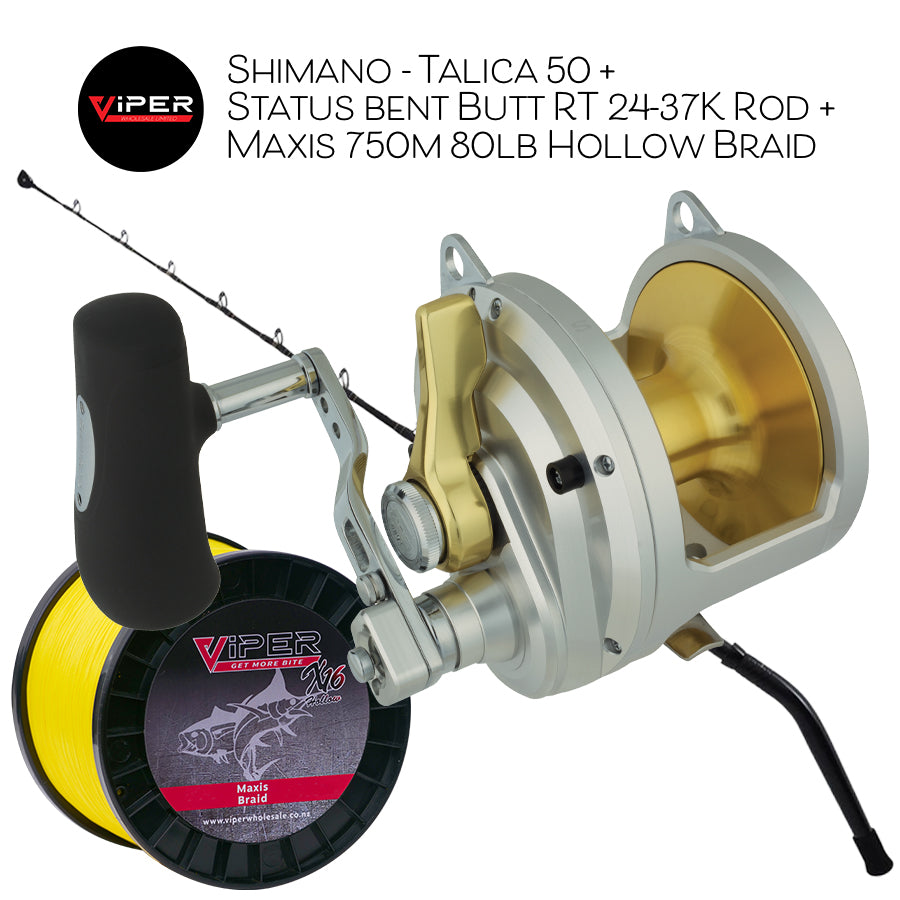 Shimano - Talica 50 + Status bent Butt RT 24-37K Rod + Maxis 750m 80lb Hollow Braid