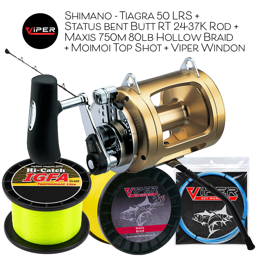 Shimano - Tiagra 50 LRS + Status Bent Butt RT 24-37K Rod + Maxis 750m 80lb Hollow Braid+ Moimoi Top Shot + Viper 300lb Windon