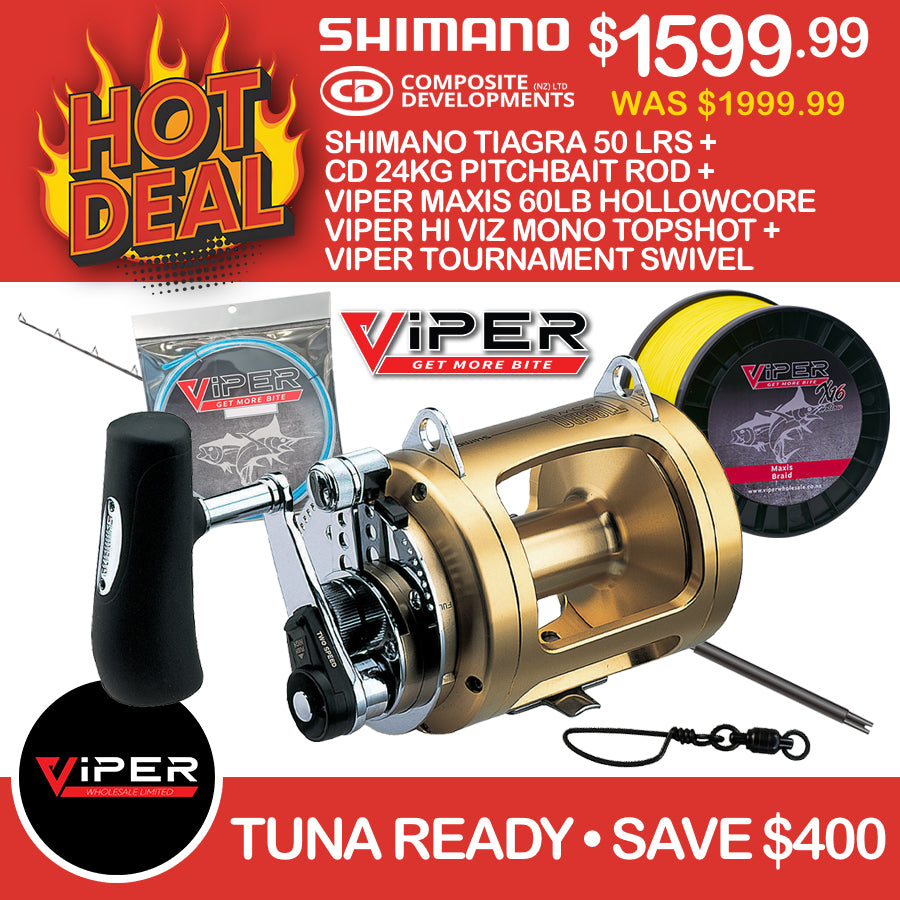 Shimano Tiagra 50 LRS + CD 24kg Pitchbait Rod + Viper Maxis 60lb Hollowcore + Hi Viz Mono Topshot + Tournament Swivel